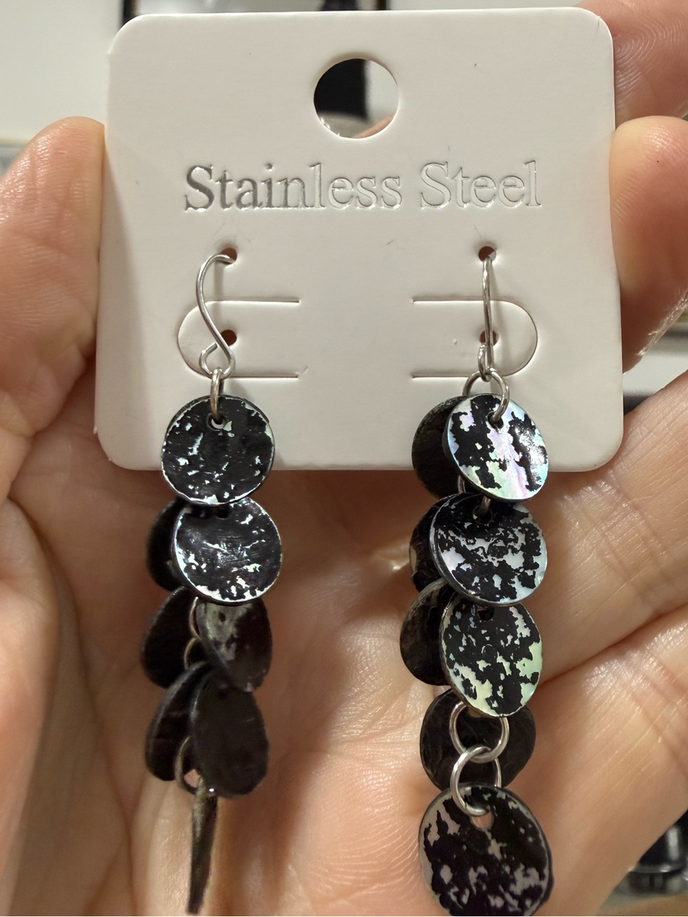 Iridescent Black Disc Drop Earrings